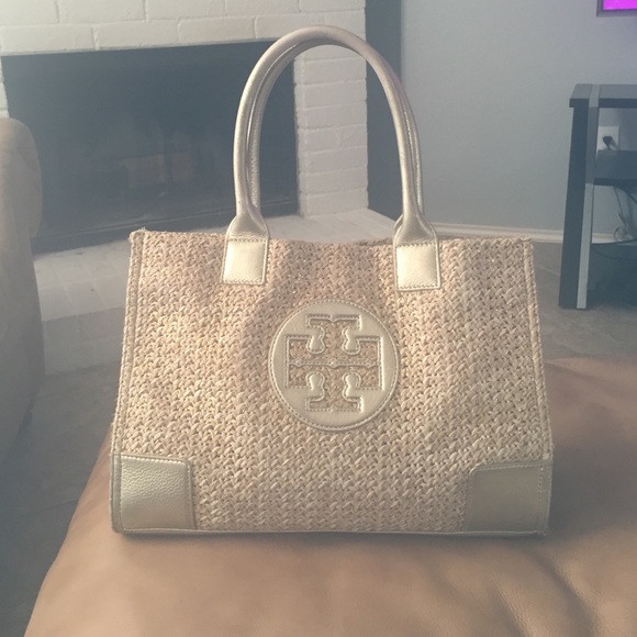 Authentic Tory Burch Ella metallic straw tote