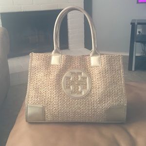 Authentic Tory Burch Ella metallic straw tote