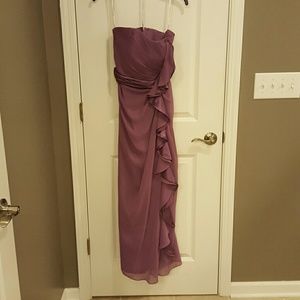 Long strapless dress with front ruffle cascade