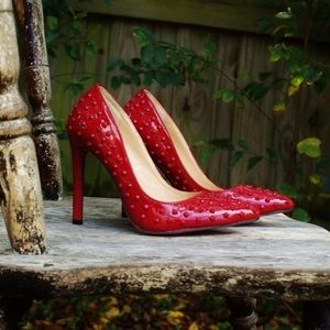 Red Faux Leather Stud Stiletto Point Pump 7.5 38