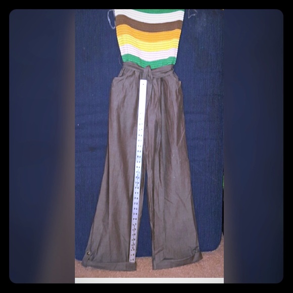 Striped top and blue jean jumpsuit