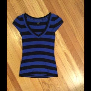 Express Blue & Black striped fitted V-neck