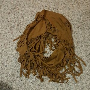 Brown suede fringed infinity scarf