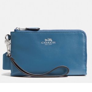 Coach Blue Double Zipper Leather Wristlet.