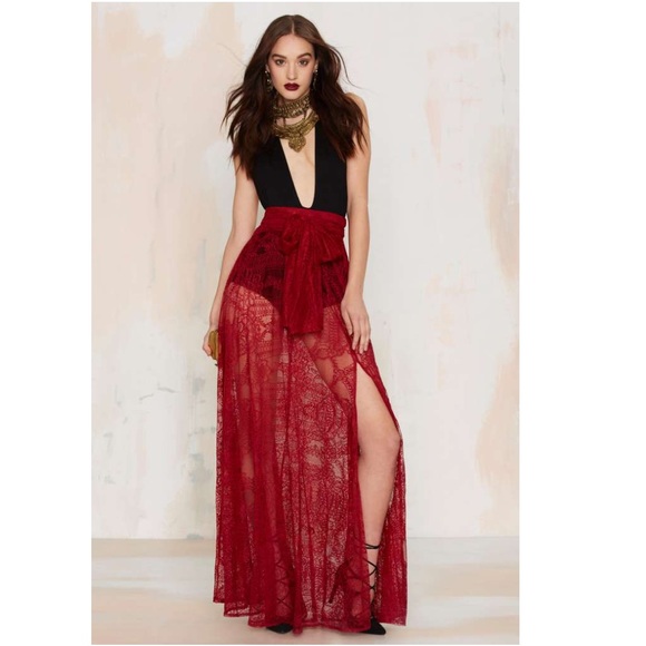 Nasty Gal- Lace Maxi Skirt - burgundy