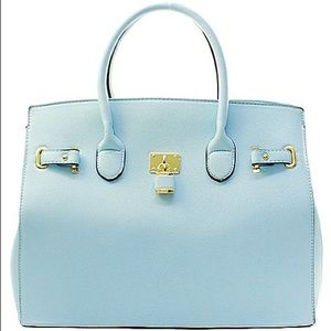 Beautiful baby blue handbag with a decorative lock