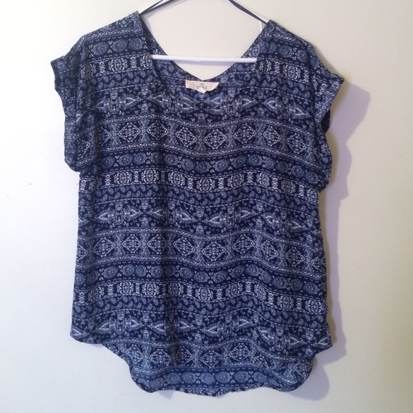 Blue and white tribal print top