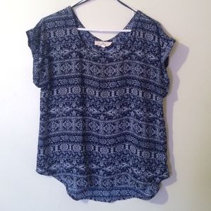 Blue and white tribal print top