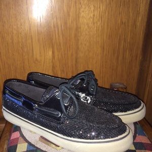Sperry black sparkly boat shoes size 6.5