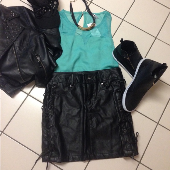 Faux Black Leather Skirt- Lace up Sides- SM OR LG