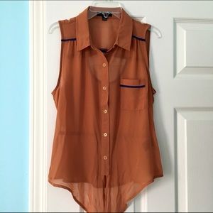 Sleeveless Shear Collared Button Down Tie Blouse