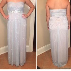 light blue strapless sparkly prom dress