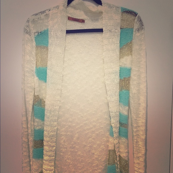 Beautiful Long Cardigan, Gold & Aqua Accents - Picture 1 of 4