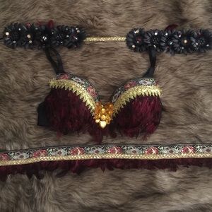 Feather Rave bra, belt, and floral headband