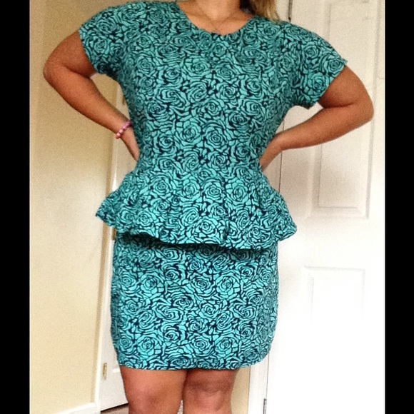 Dresses & Skirts - 14/16 Teal Rose Print Peplum Custom Made Dress