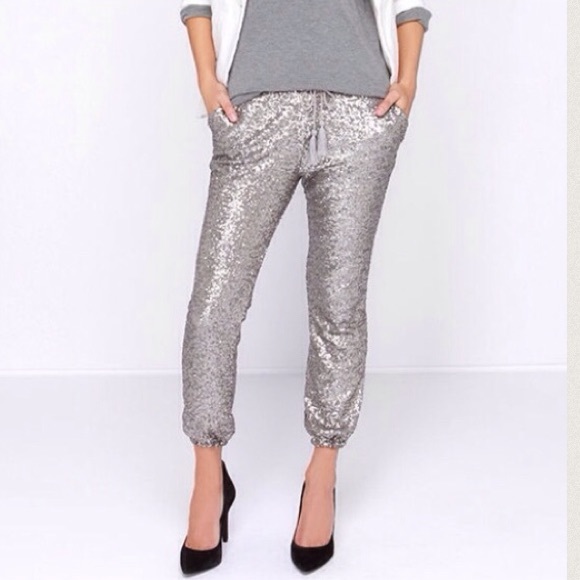 Silver Sequin Joggers Large - Picture 3 of 4