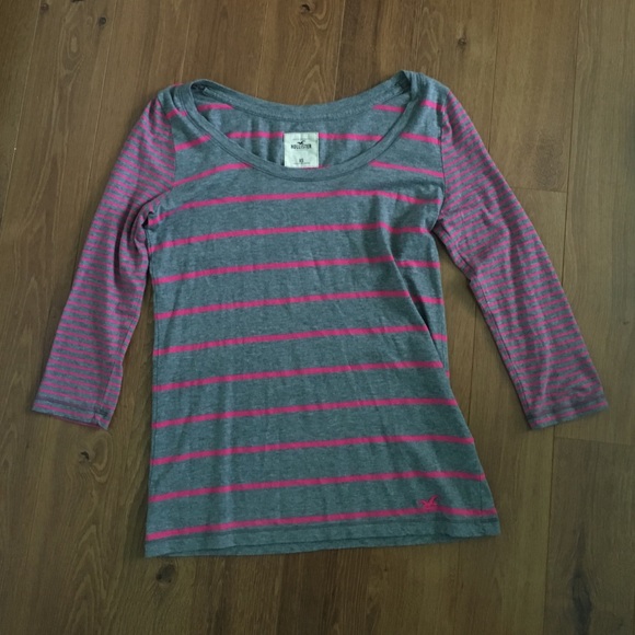 3/4 sleeve grey and pink striped shirt