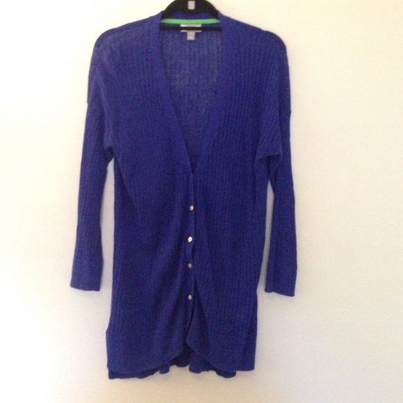 Long blue cardigan with gold buttons