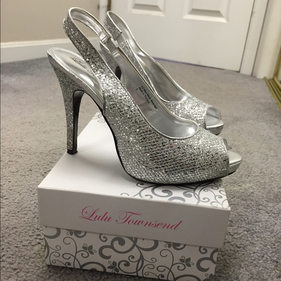 Silver sparkly heels with heel strap