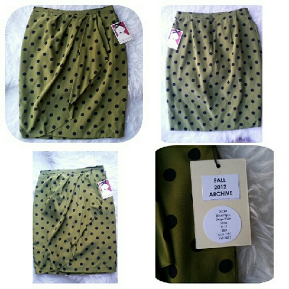 NWT! OLIVE GREEN & BLACK POLKA DOT DRAPE SKIRT 4 - Picture 2 of 4