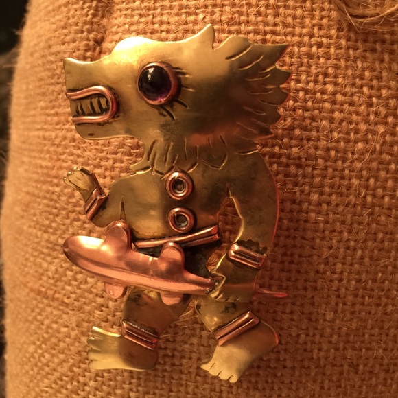 Vintage "Maya Mexico" Pin, Amethyst, Copper, Brass