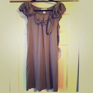 Grey dress with ruffle neck detail