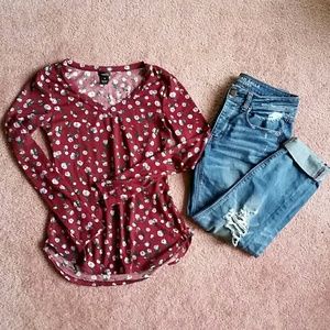 Maroon floral tight sleeve cotton shirt