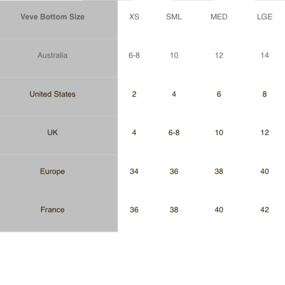 VEVE Swimwear Size Chart - Picture 2 of 2