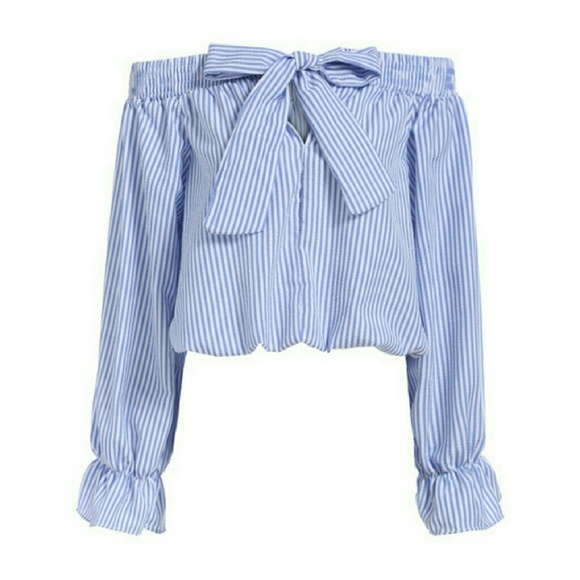 SOLD Off The Shoulder Bow Front Stripe Blues Top