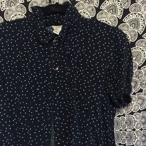 Navy Blue Patterned Button-Up T-Shirt