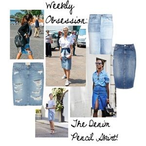 Light wash distressed denim pencil skirt