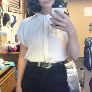 Button Up Crepe Blouse White Short Sleeve Formal