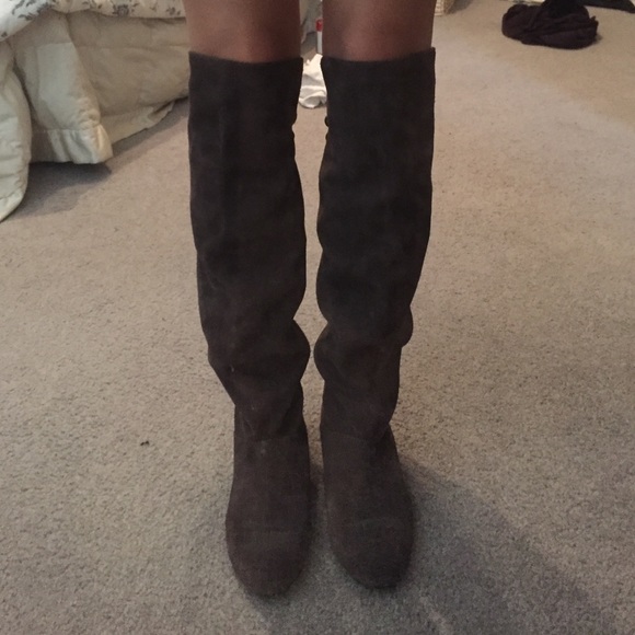 Grey knee high boots