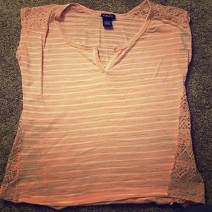 Peach & white striped shirt.