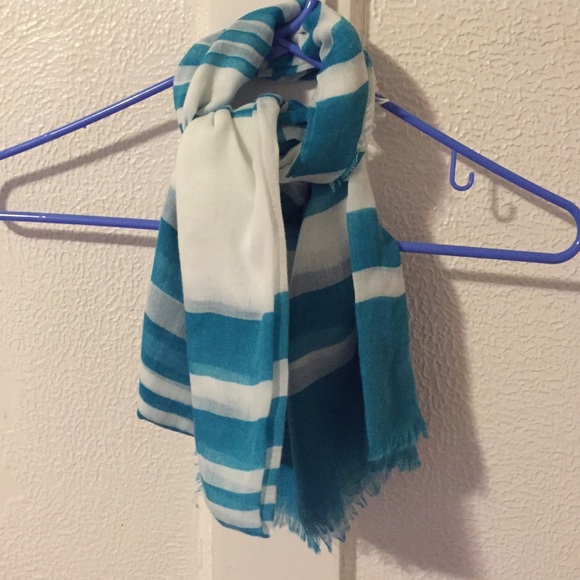 SOLD- White and Teal Thin Striped Scarf - Picture 3 of 3