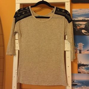 Tan 3/4 in Sleeve Embellished Top