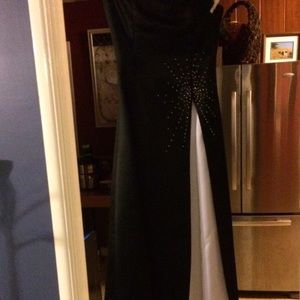 Formal long strapless dress.