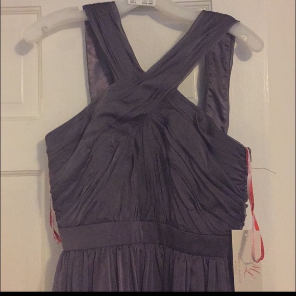 Long lavender criss cross halter neck chiffon gown