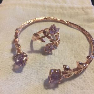 Rose gold with purple crystals ring & bracelet set