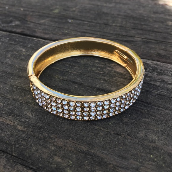 Gold Bangle Bracelet with Cubic Zirconia Crystals - Picture 2 of 2