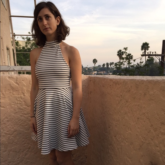 Halter fit & flare black and white striped dress