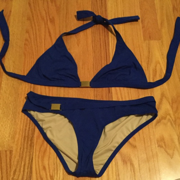 J.crew blue bikini with gold accents