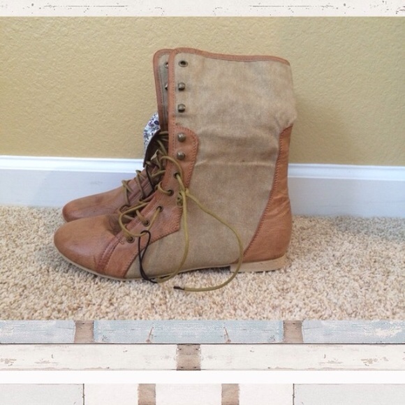 Tan combat boots with floral inside