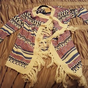 Boutique purple & cream fringe cardigan NWT Small