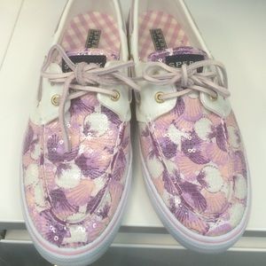 Sequined pink and purple sperrys