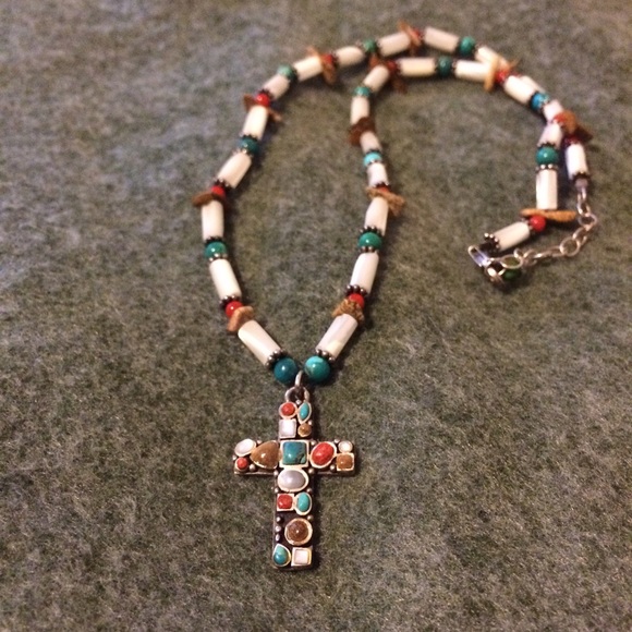 Sterling Silver Cross Necklace with Gemstones