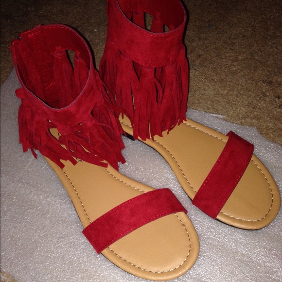 Red Fringe Sandals (5, 5.5, 6) - Picture 2 of 3