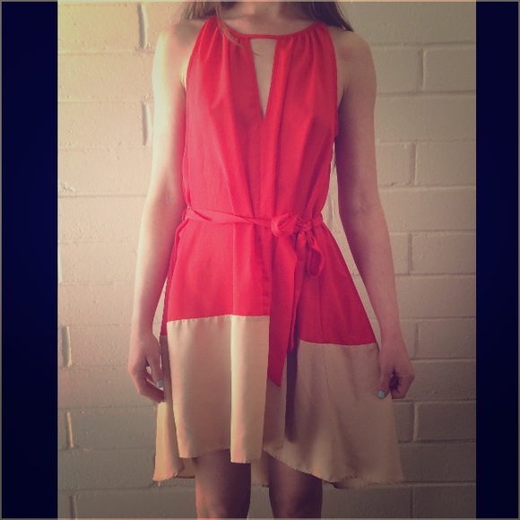 Orange and tan high-low sleeveless dress