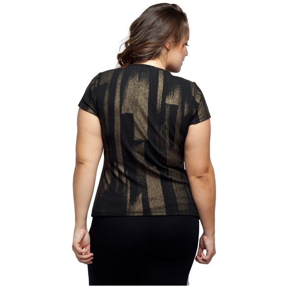 Plus size black & metallic gold draped stretch top - Picture 2 of 4