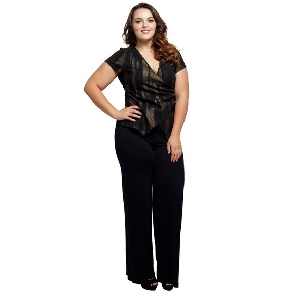 Plus size black & metallic gold draped stretch top - Picture 3 of 4
